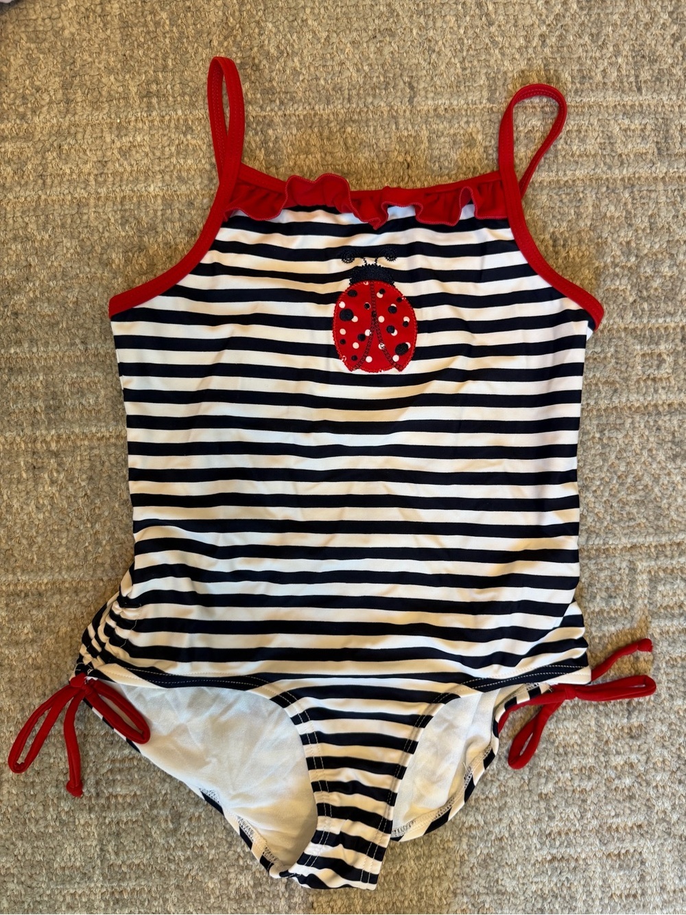 EUC Hartstrings Navy & White Striped Swimsuit with Red Trim & Ladybug size 8